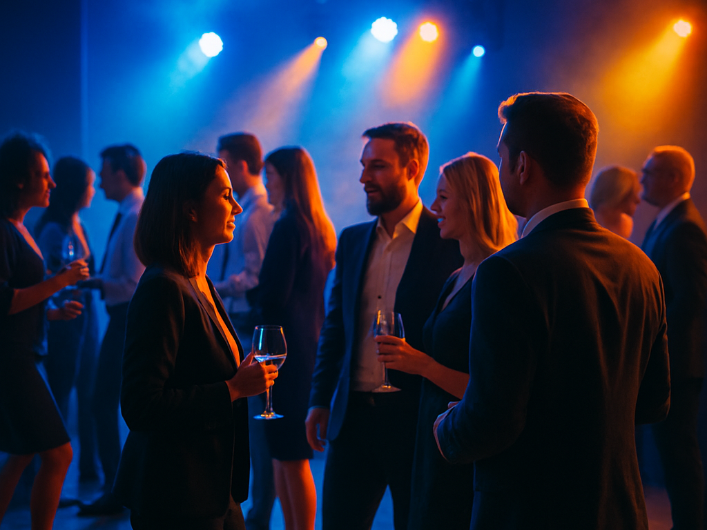 Firmenfeier wo mehrere Menschen sind, im Hintergrund Veranstaltungstechnik