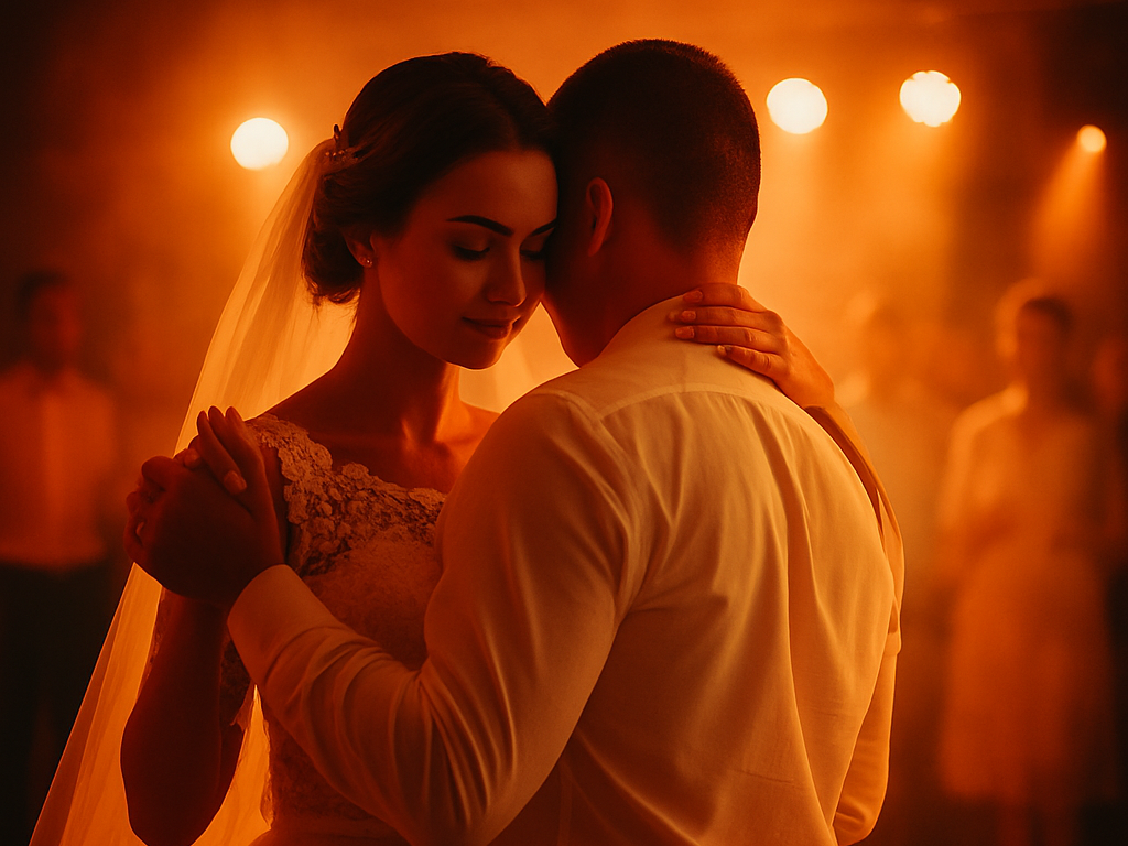 Brautpaar tanzend in der Mitte, im Hintergrund Veranstaltungstechnik und weitere Menschen